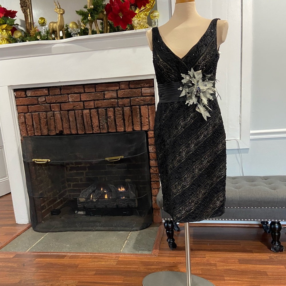 Mon Cheri Elegant Black Social Occasion Lace Dress with Feather Accent
